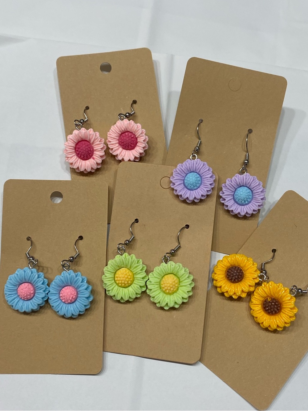 Set of 5 Colorful Sunflower Dangle Earrings - Pink Purple Blue Green Yellow